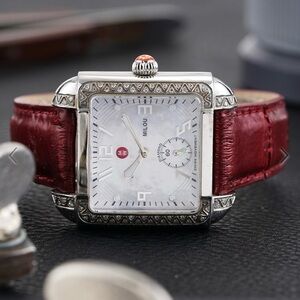 Michele Red Leather Strap Watch
